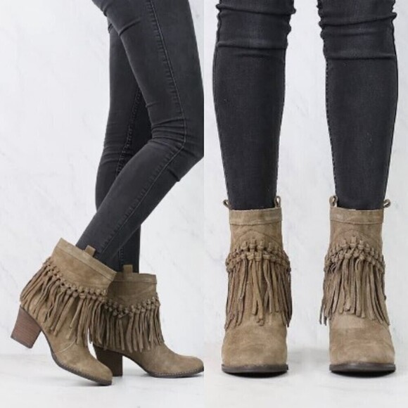 Sbicca Size 7.5 Khaki Sound Suede Leather Fringe Bootie Western Rodeo Heel Boots - Picture 11 of 12